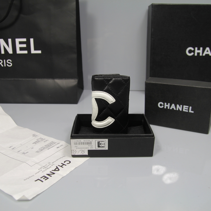 Fake Chanel Leather White CC Logo Tri-Fold mini Wallets A26723 Black Online